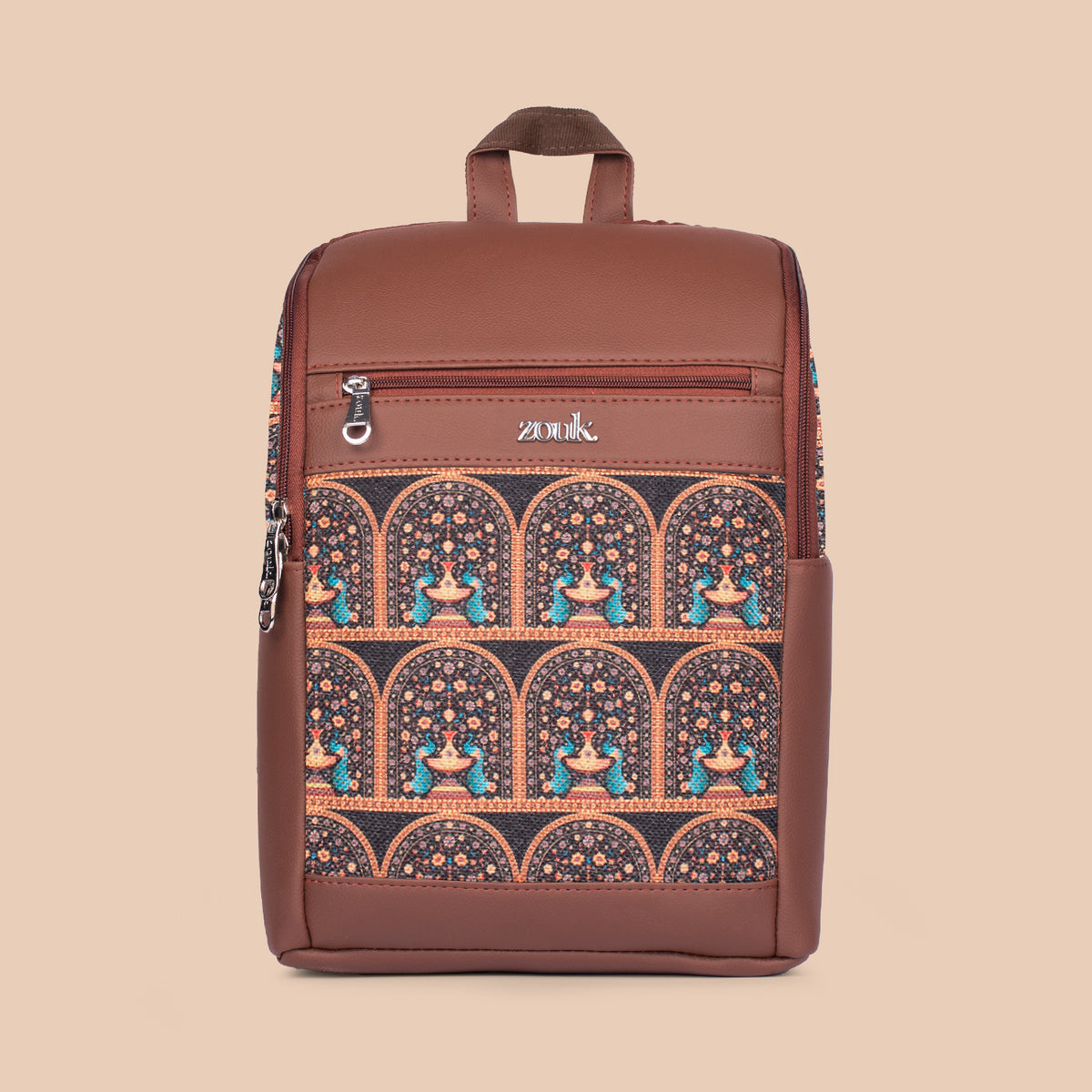 Amalia Laptop Backpack (Brown) - Royal Indian Peacock Motif