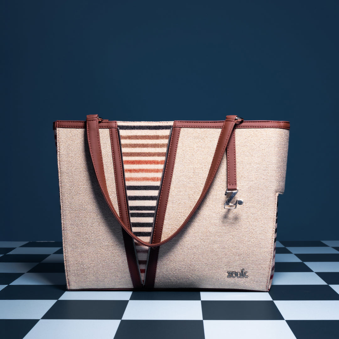 Qutub Stripes Corner Office Tote (Beige)