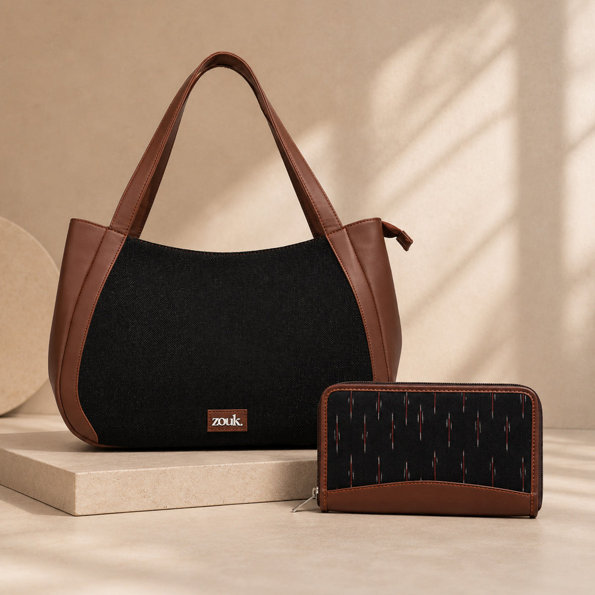Jet Black & Ikat GreRed - Luna Handbag & Chain Wallet Combo
