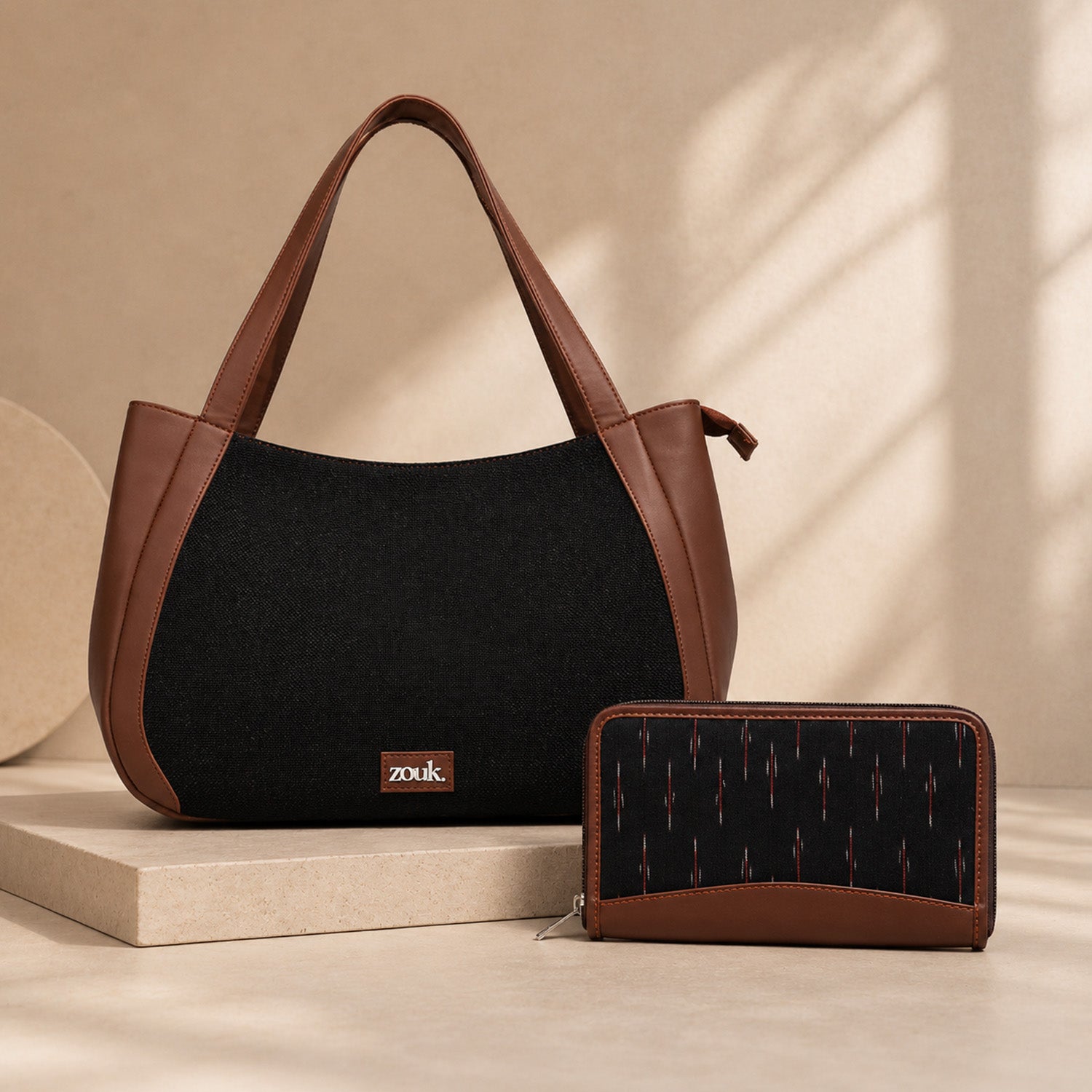 Jet Black & Ikat GreRed - Luna Handbag & Chain Wallet Combo