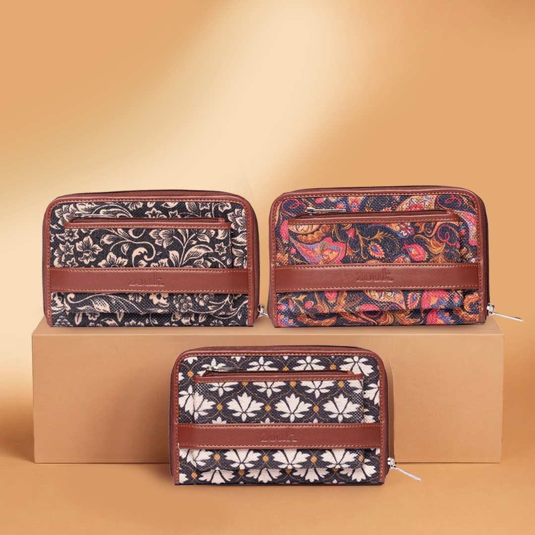 FloMotif Chain Wallet, Bidri Kaiser Classic Zipper Wallet & Paisley Print Combo