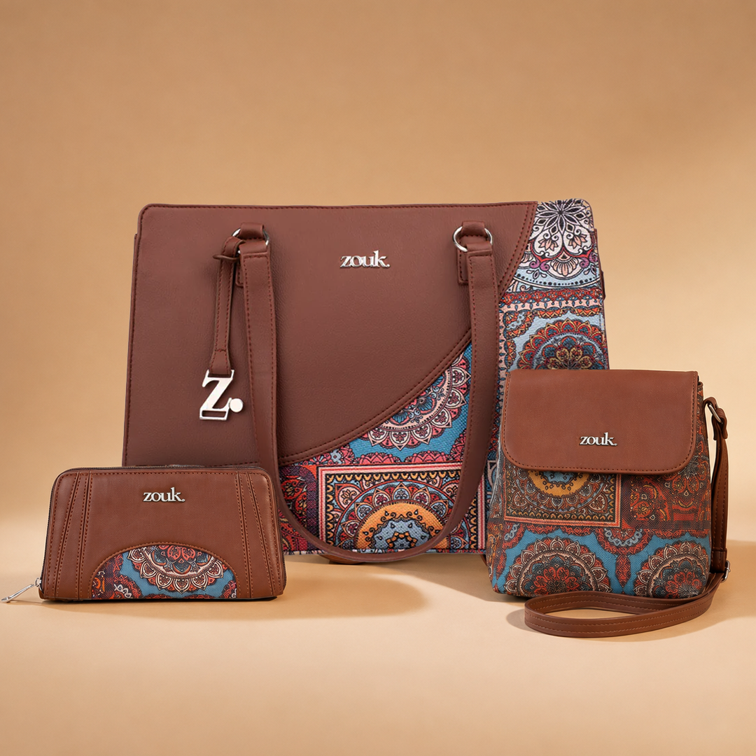 Multicolor Mandala Print Office Essential Bag, Multicolor Mandala Print Flap Sling Bag & Arika Zipper Wallet Combo