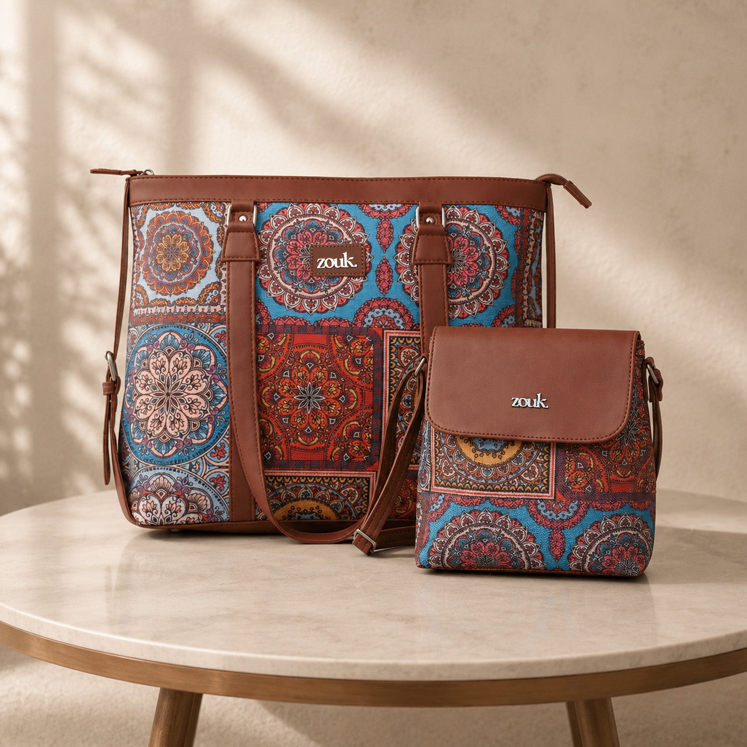 Multicolor Mandala Print Office Essential Bag & Flap Sling Bag & Chain Wallet Combo