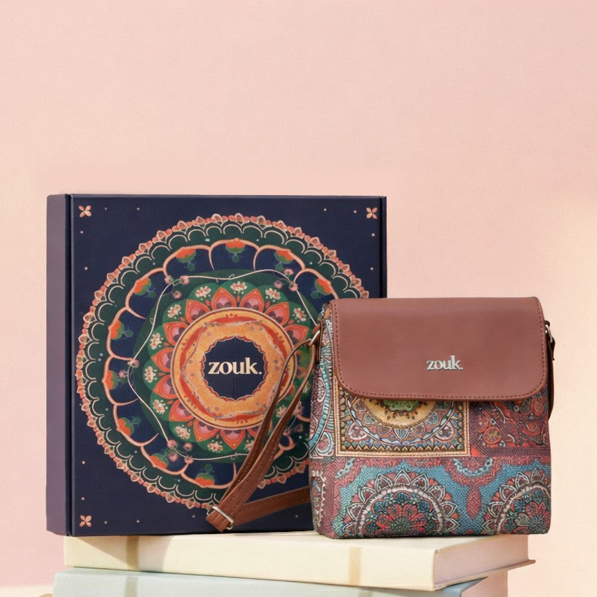 Multicolor Mandala Print Flap Sling Bag with Gift Box
