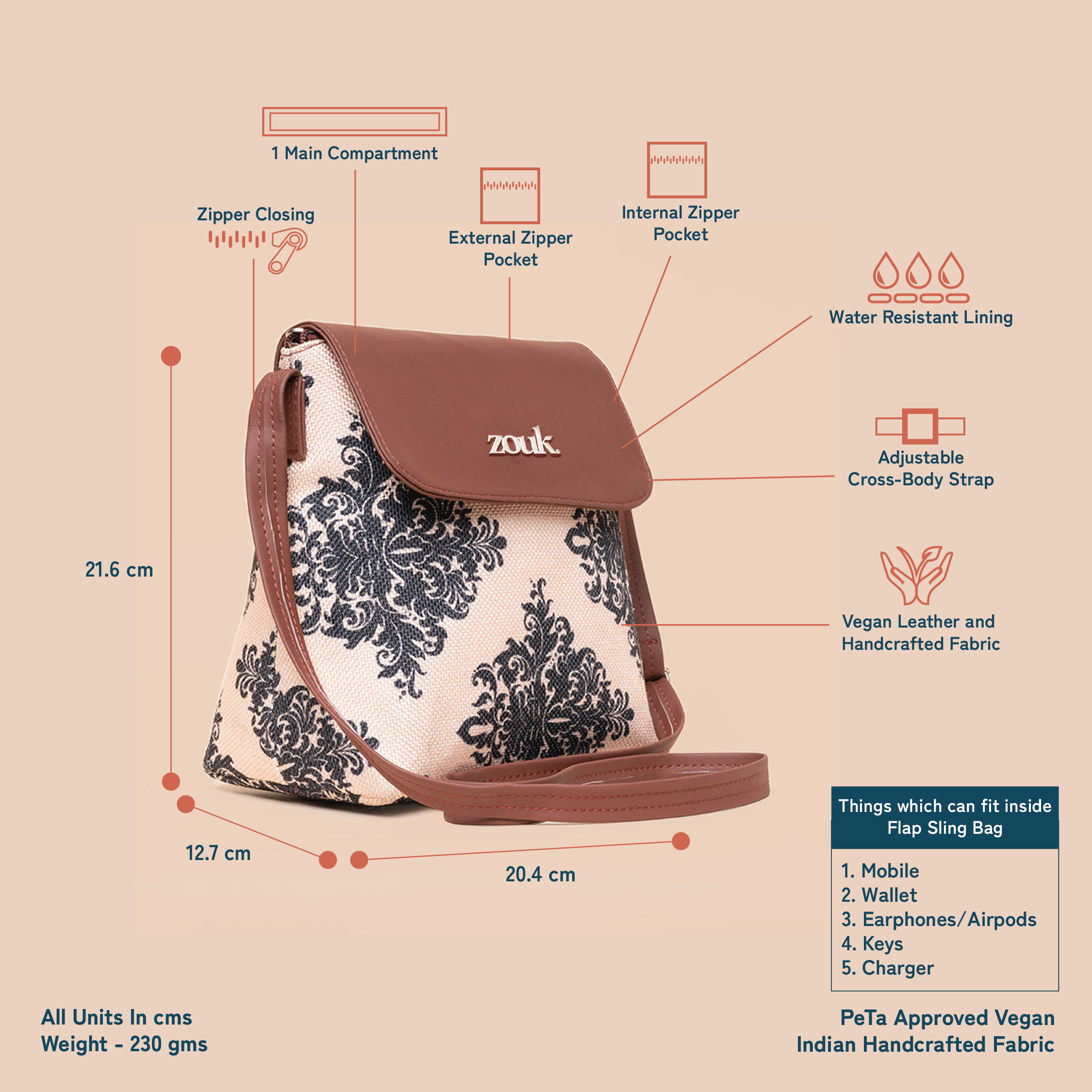 ZIP-Mughal Motif Flap Sling Bag