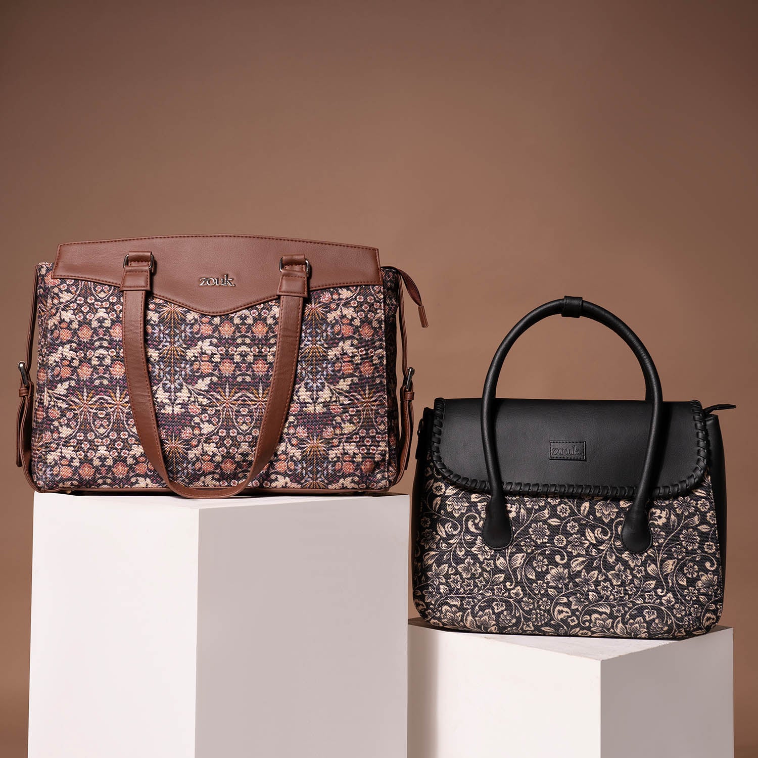 Kashmir Blooms & FloMotif - Women's Work Bag Brown & Satchel Combo