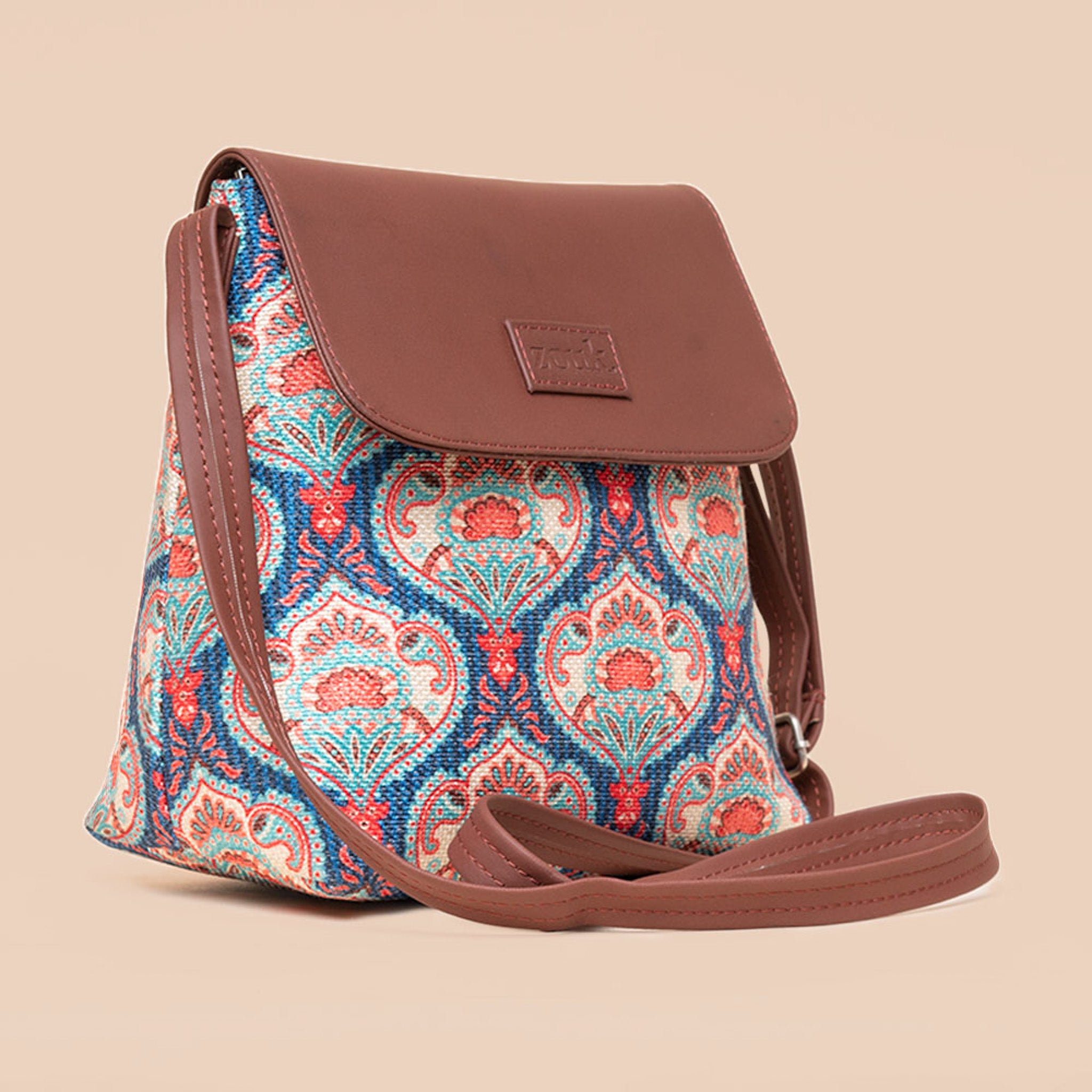 Kashmir Blooms & Kovil Blue - Women's Work Bag Brown & Flap Sling Bag Combo