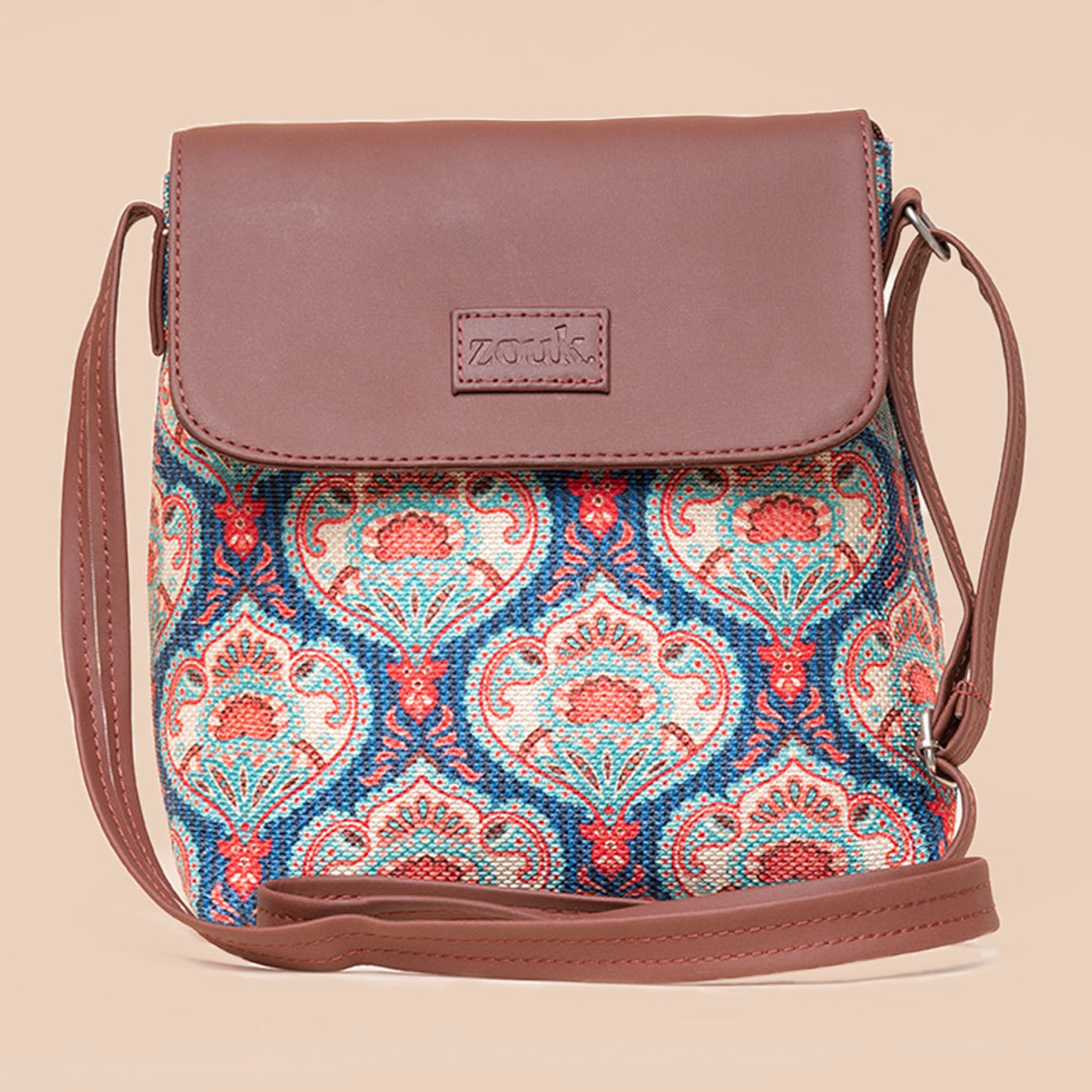 Kashmir Blooms & Kovil Blue - Women's Work Bag Brown & Flap Sling Bag Combo