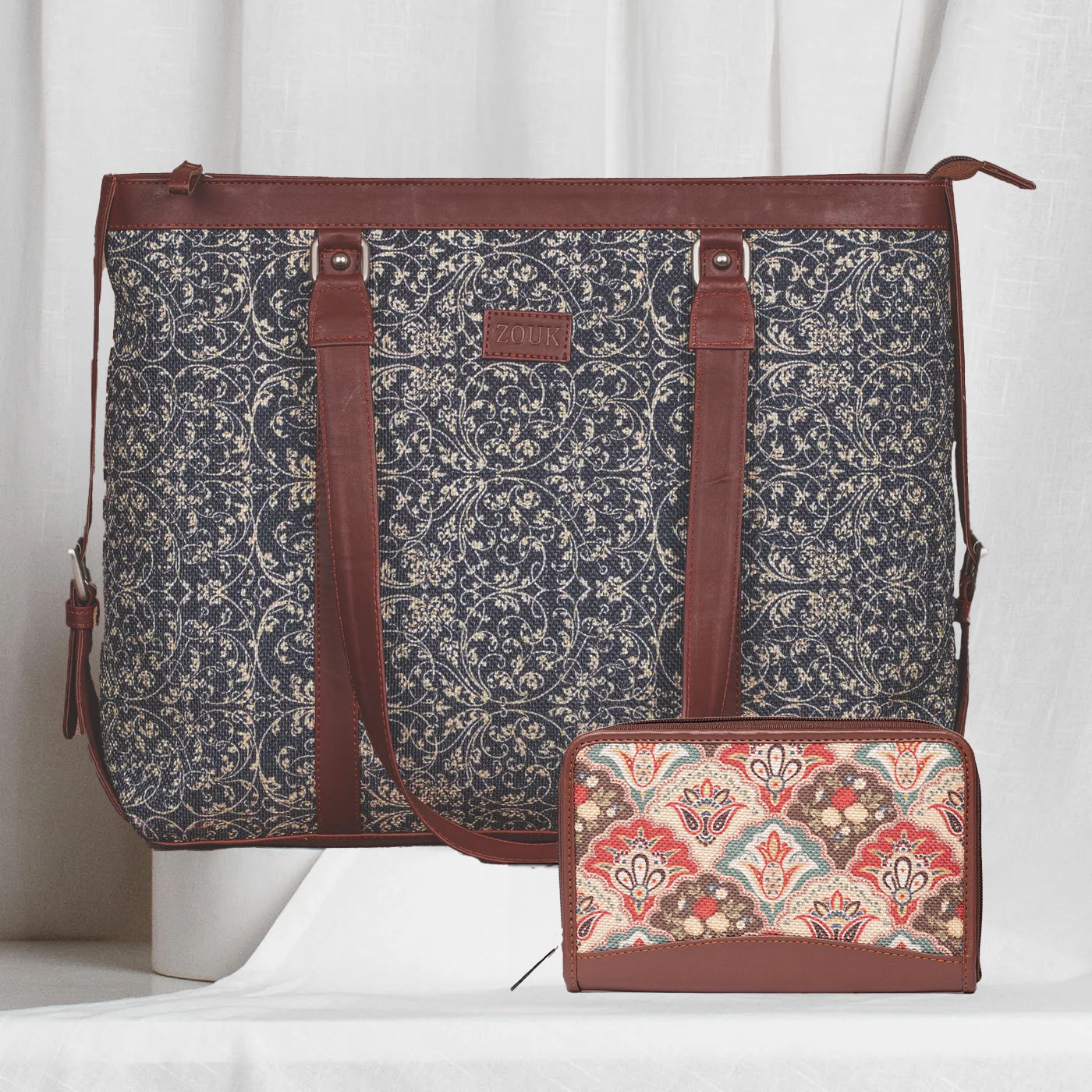 Lattice Lace & Mughal Art Multicolor - Women's Office Bag & Chain Wallet Combo