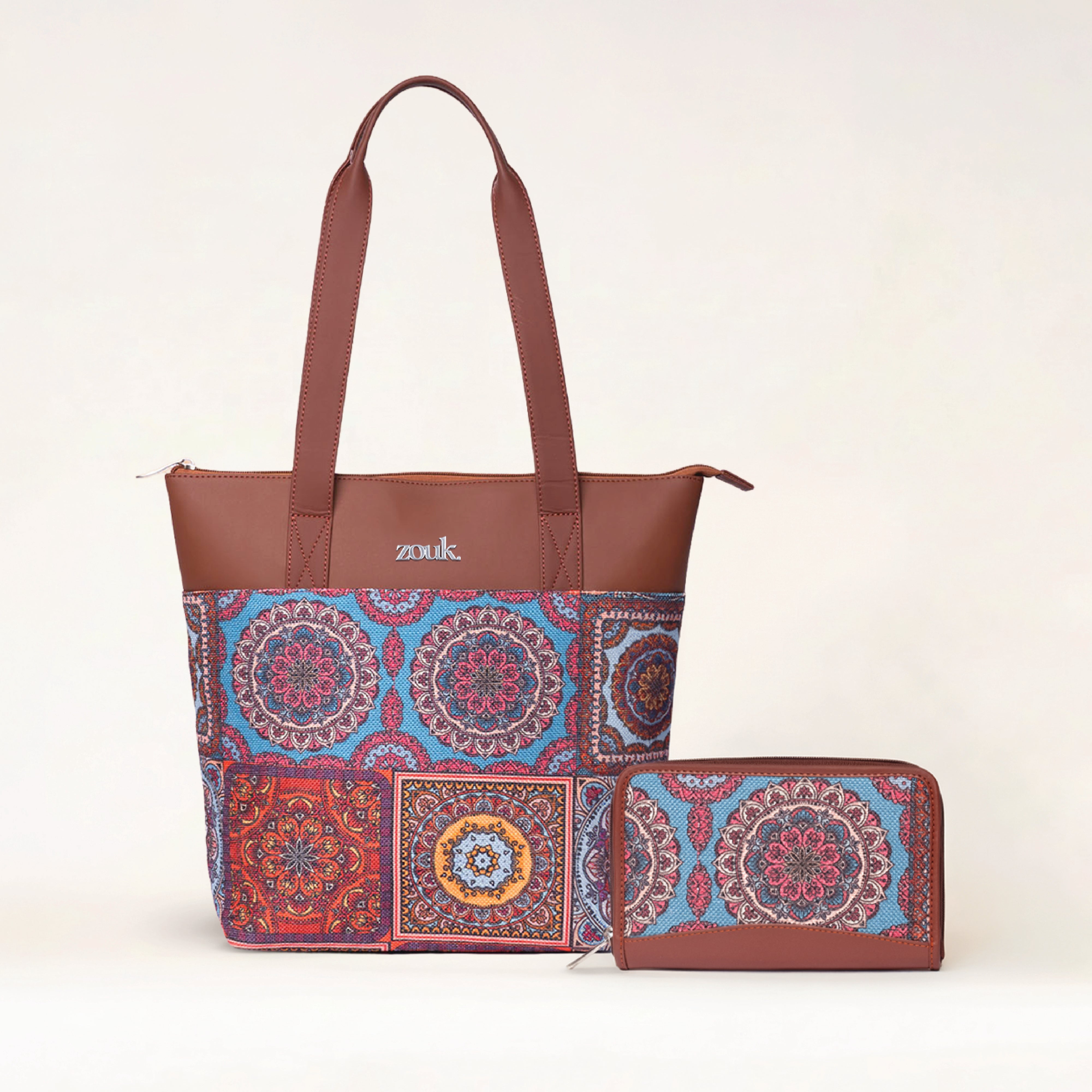 Multicolor Mandala Print Everyday Tote Bag & Chain Wallet Combo