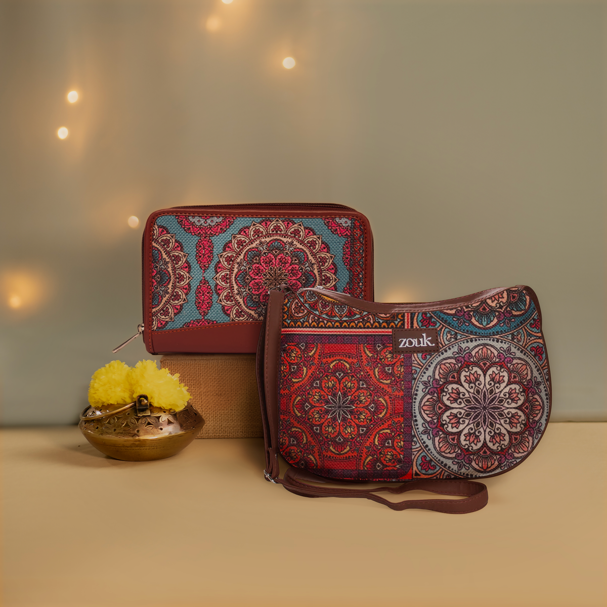 Multicolor Mandala Print Structured Shoulder Bag and Chain Wallet Combo