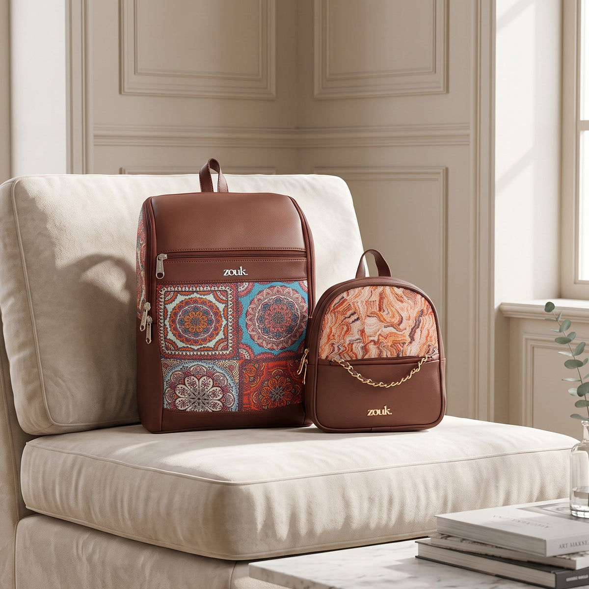 Mayra Mini-Daypack Nicobar Coral & Multicolor Mandala Print Amalia Backpack Large Combo