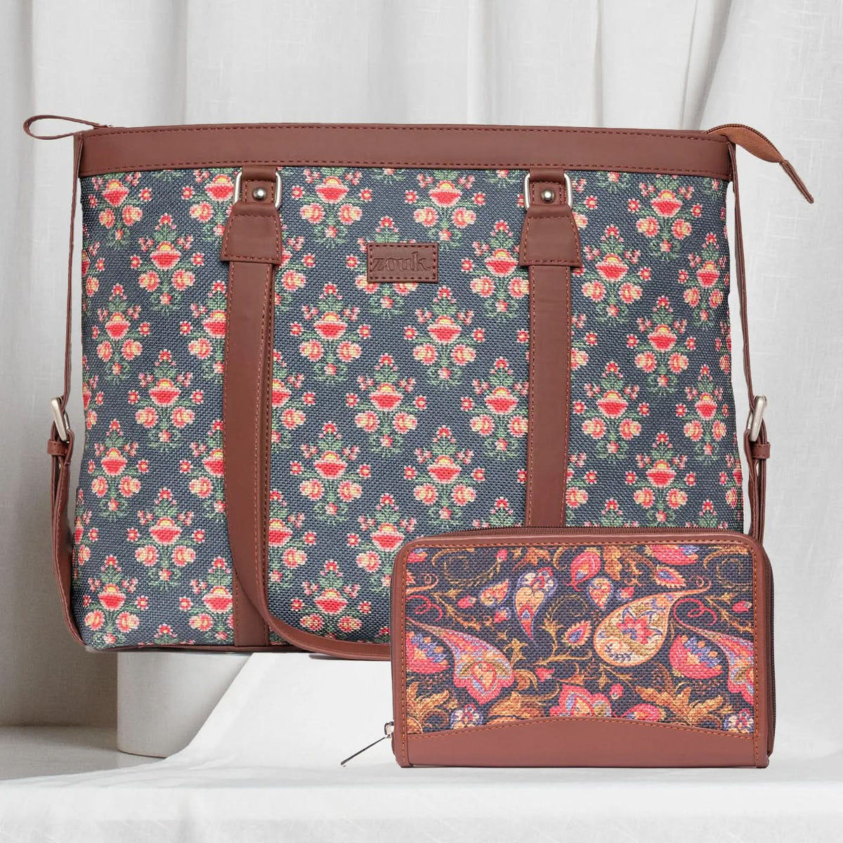 Mughal Garden Print & Paisley Print - Women's Office Bag & Chain Wallet Combo