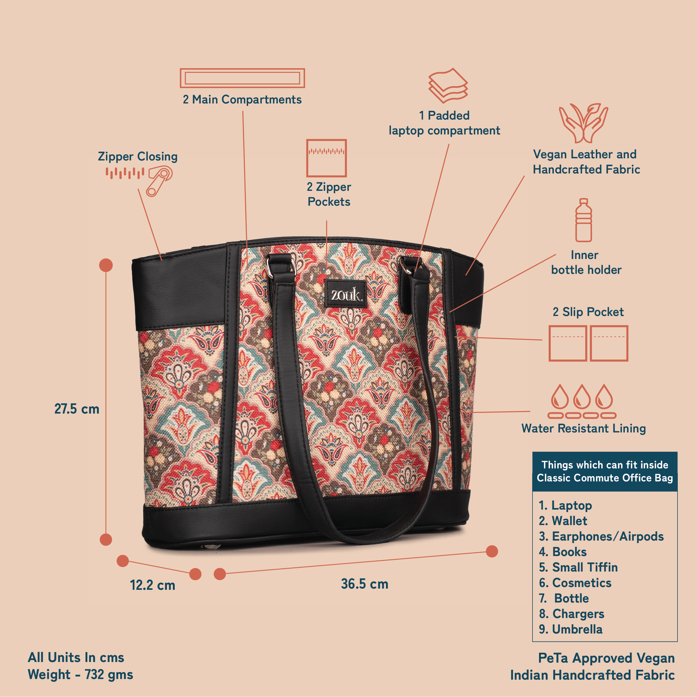 ZIP-Mughal Art Multicolor Classic Commute Office Bag