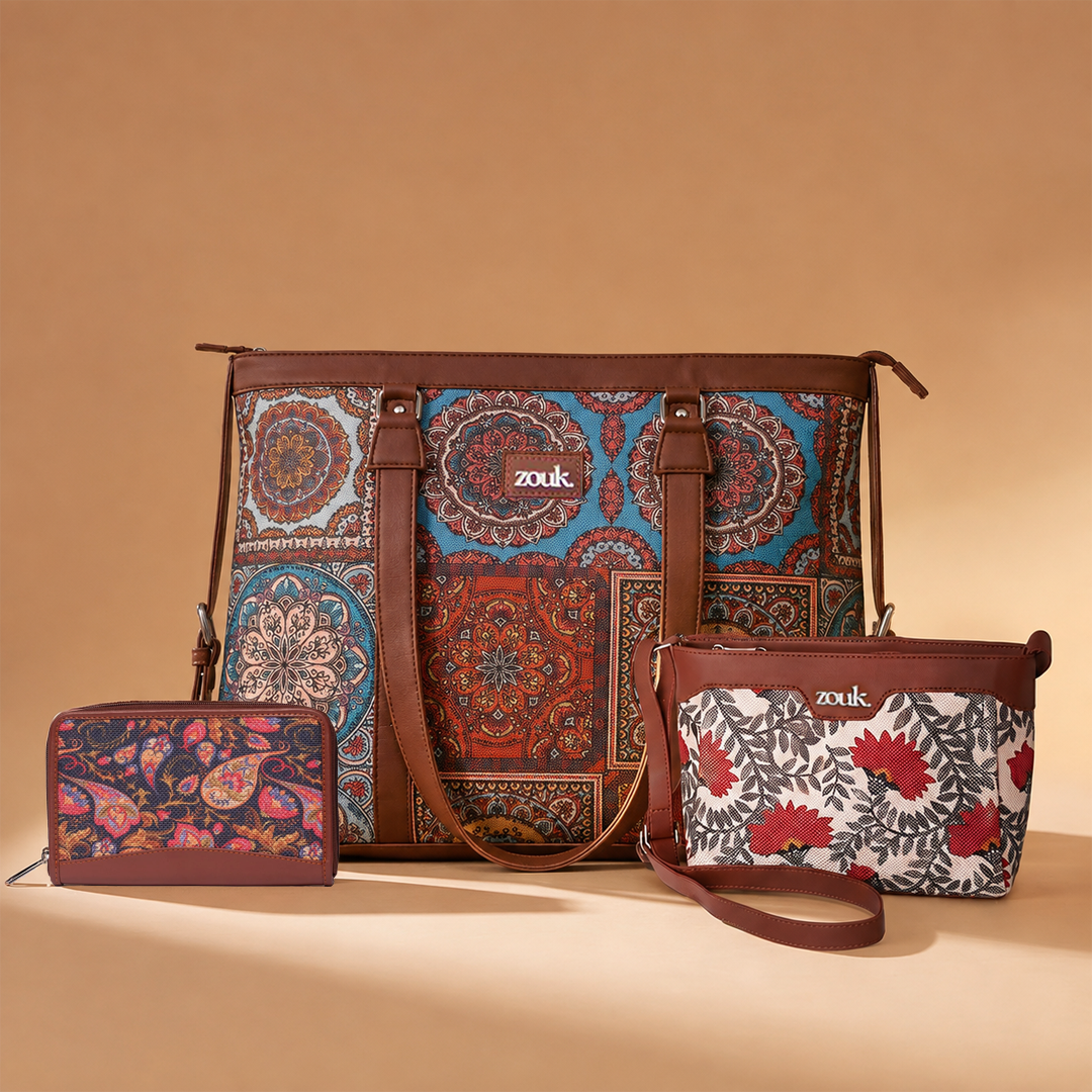 Multicolor Mandala Print Women's Office Bag, Nawabi Couture Harmony Sling Bag & Paisley Print Chain Wallet Combo