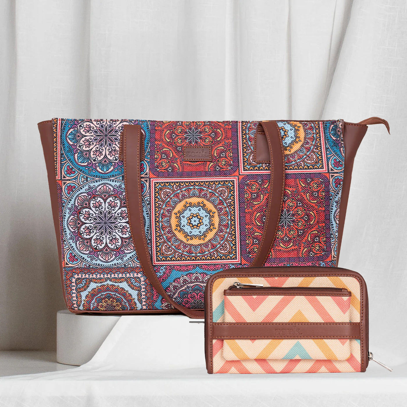 Multicolor Mandala Print & WavBeach - Office Tote Bag & Classic Zipper Wallet Combo