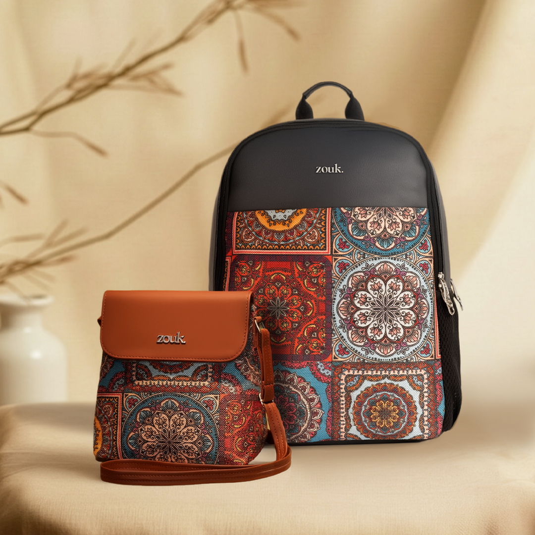 Multicolor Mandala Print Statement Backpack & Multicolor Mandala Print Flap Sling Bag Combo