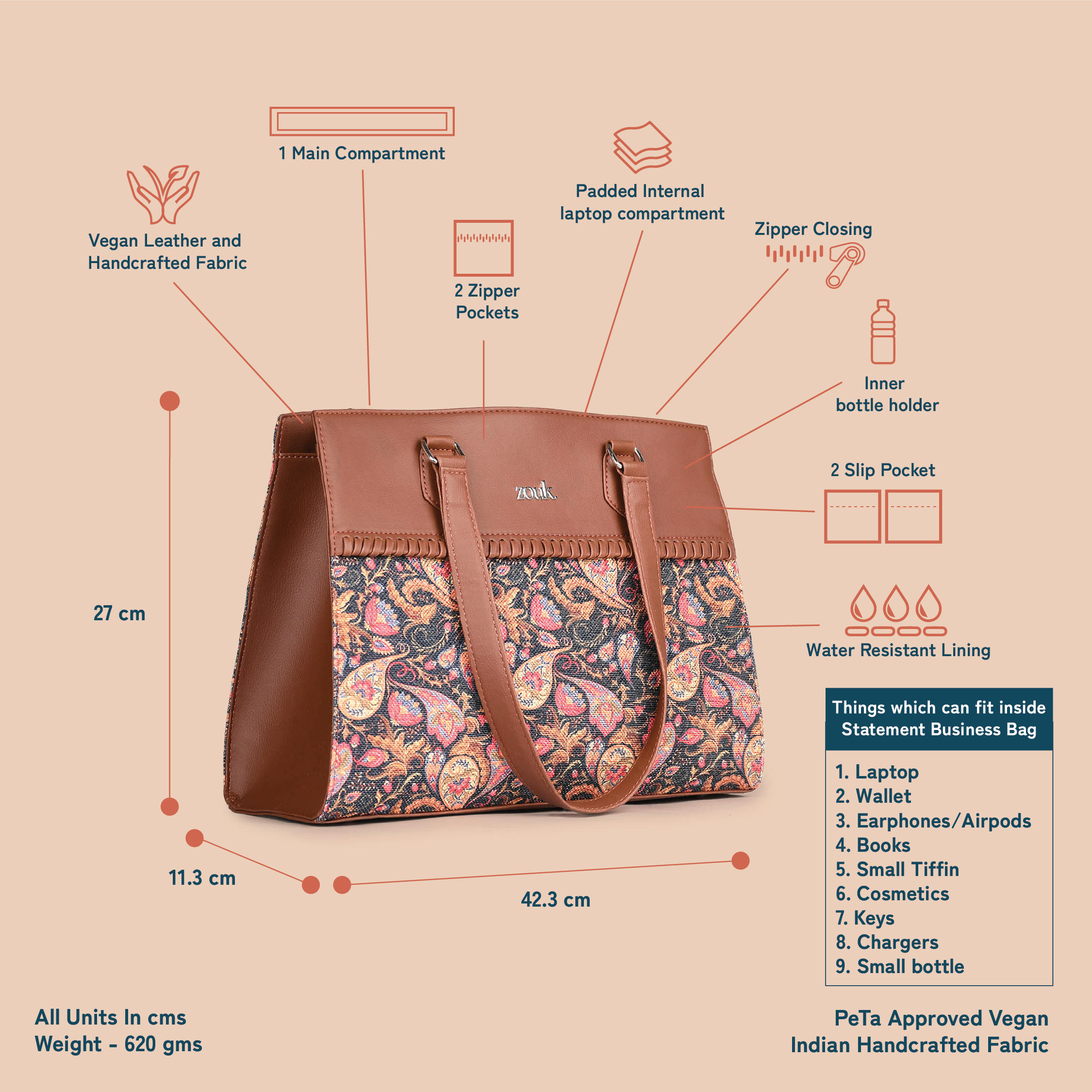 ZIP-Paisley Print Statement Business Bag