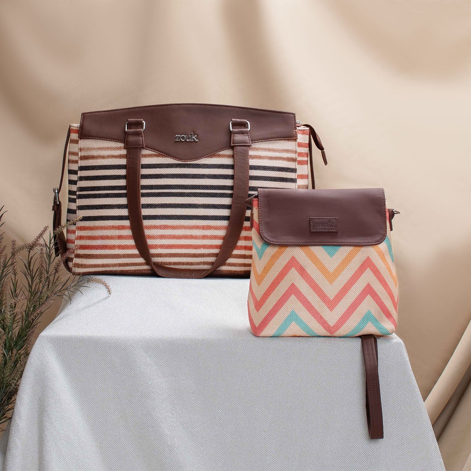 Qutub Stripes & WavBeach - Women's Work Bag Brown & Flap Sling Bag Combo