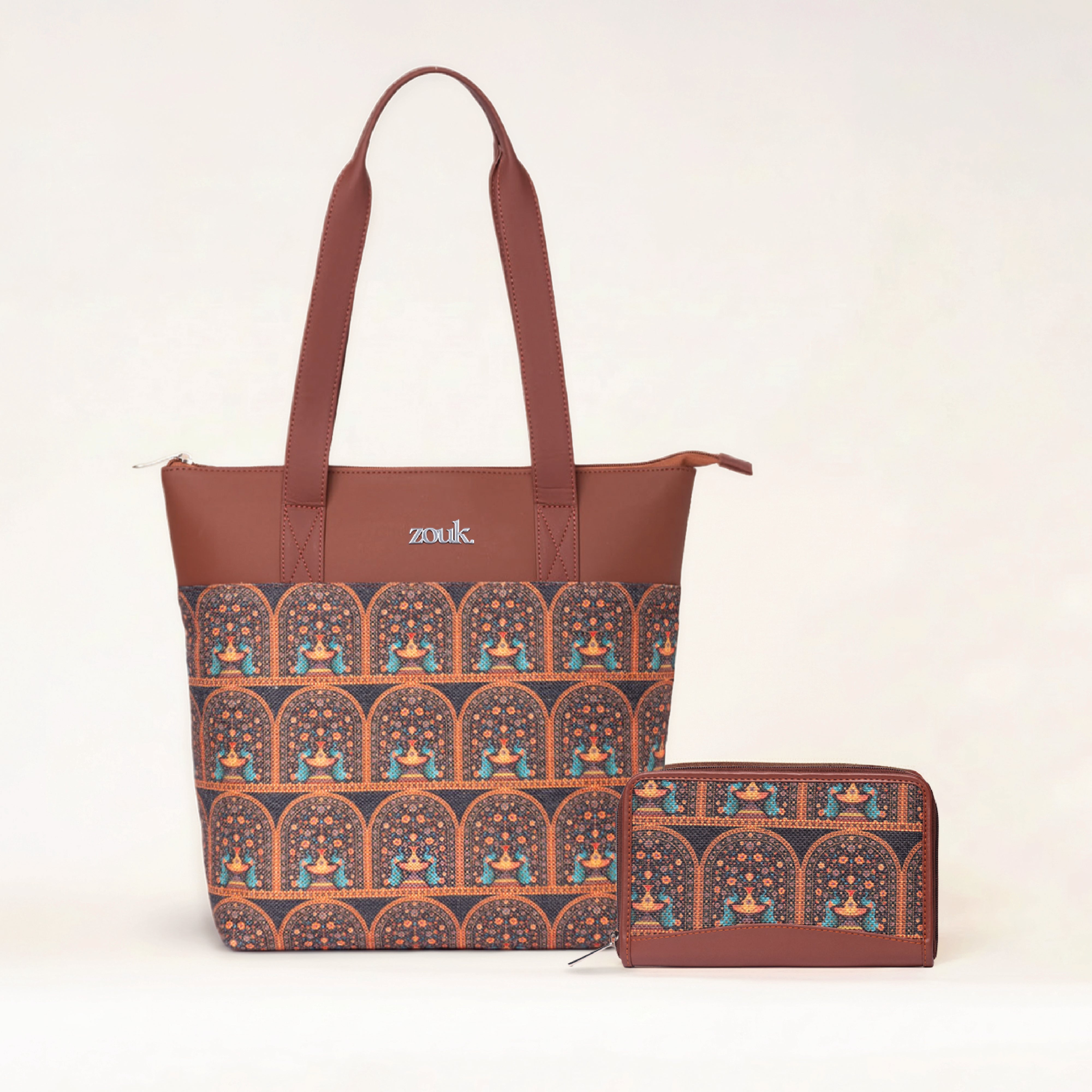 Royal Indian Peacock Motif Everyday Tote Bag & Chain Wallet Combo