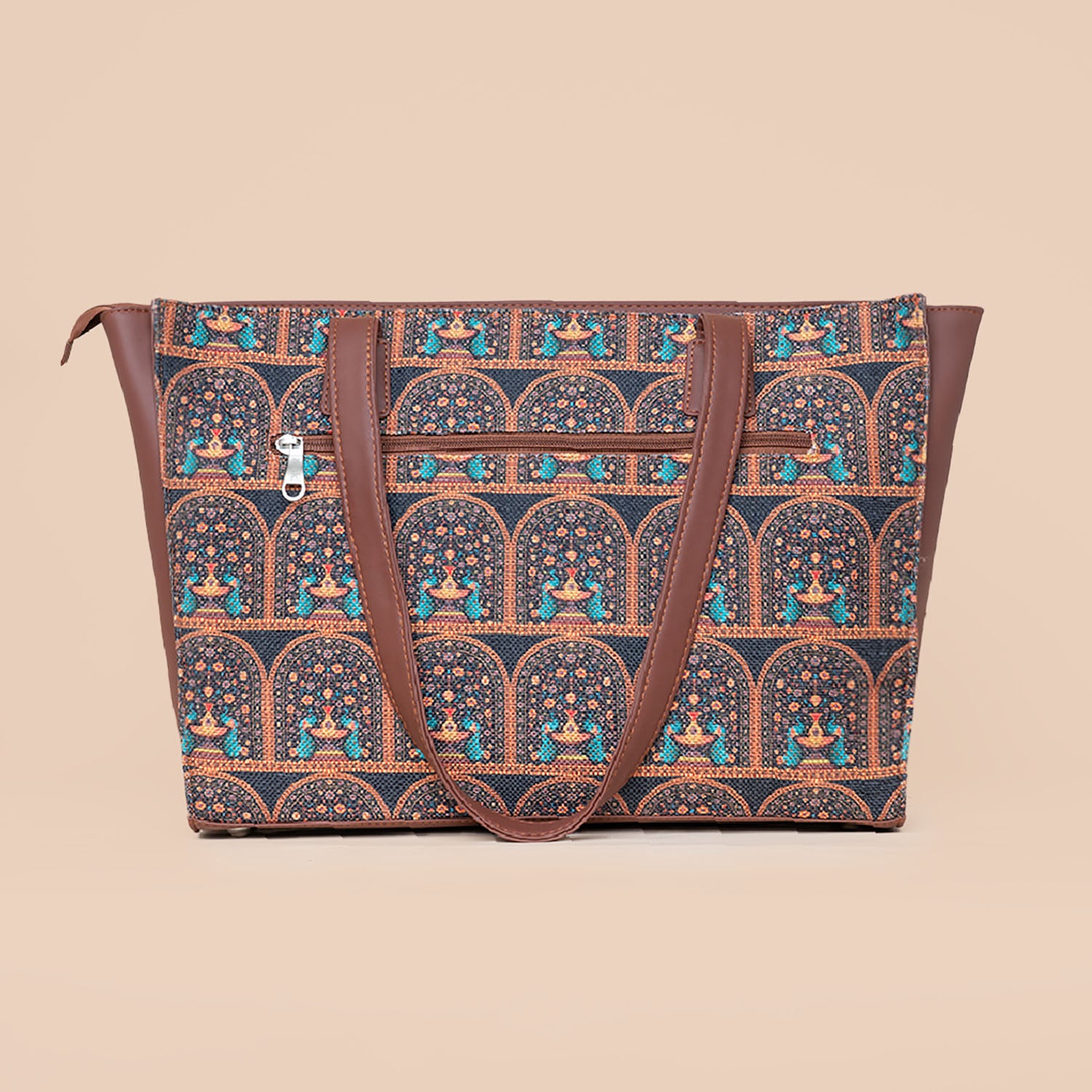 Royal Indian Peacock Motif & Kovil Blue - Office Tote Bag & Classic Zipper Wallet Combo