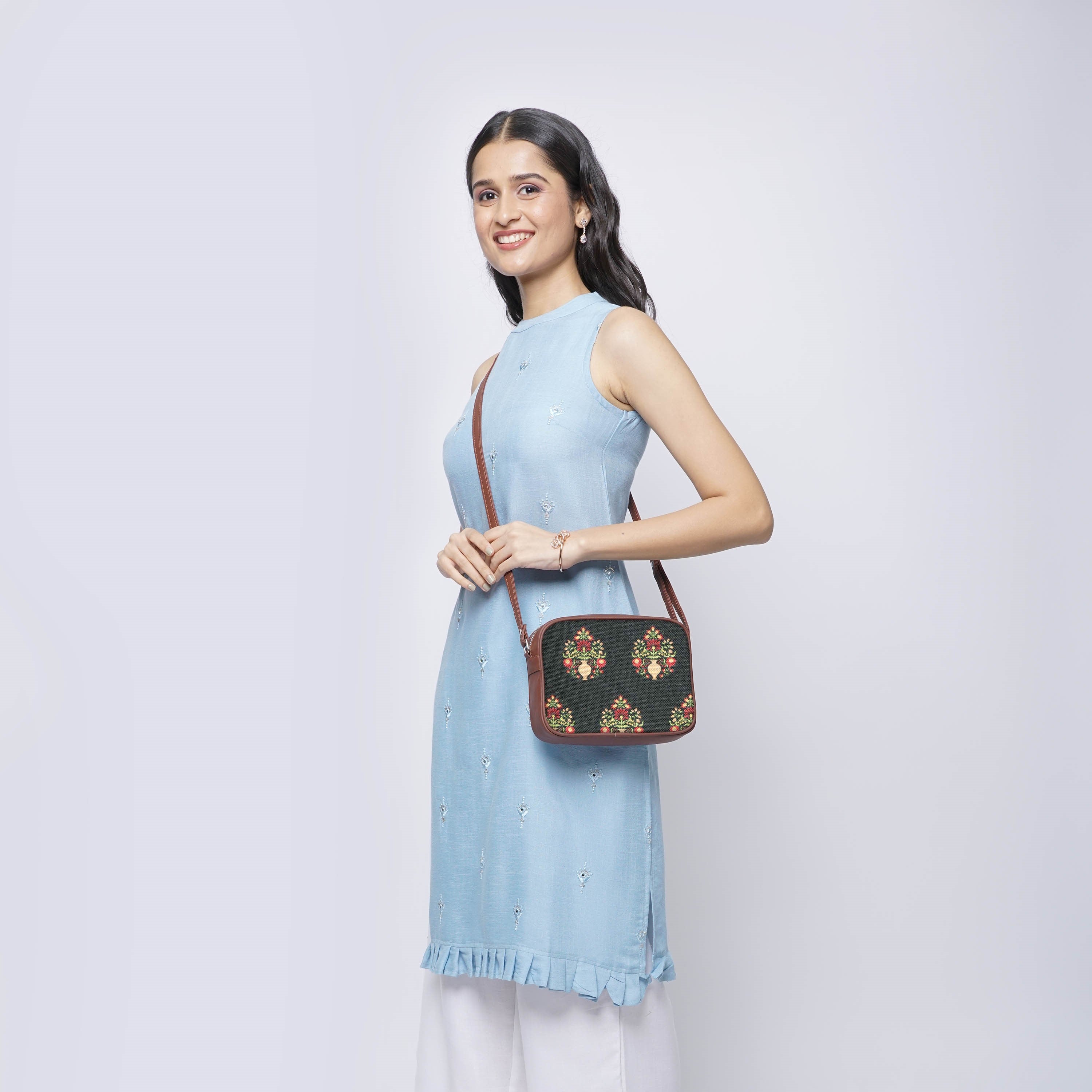 Royal Green Mogra Print Sling Bag