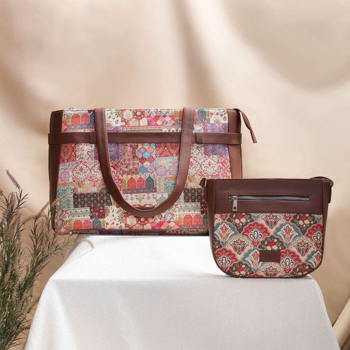 Kutch Gamthi & Mughal Art Multicolor - Statement Office Bag & U-Shaped Sling Bag Combo