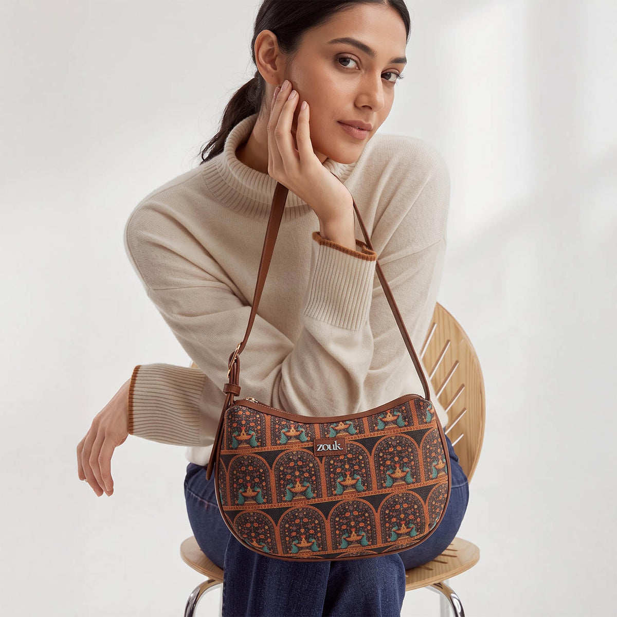 Royal Indian Peacock Print Structured Shoulder Bag