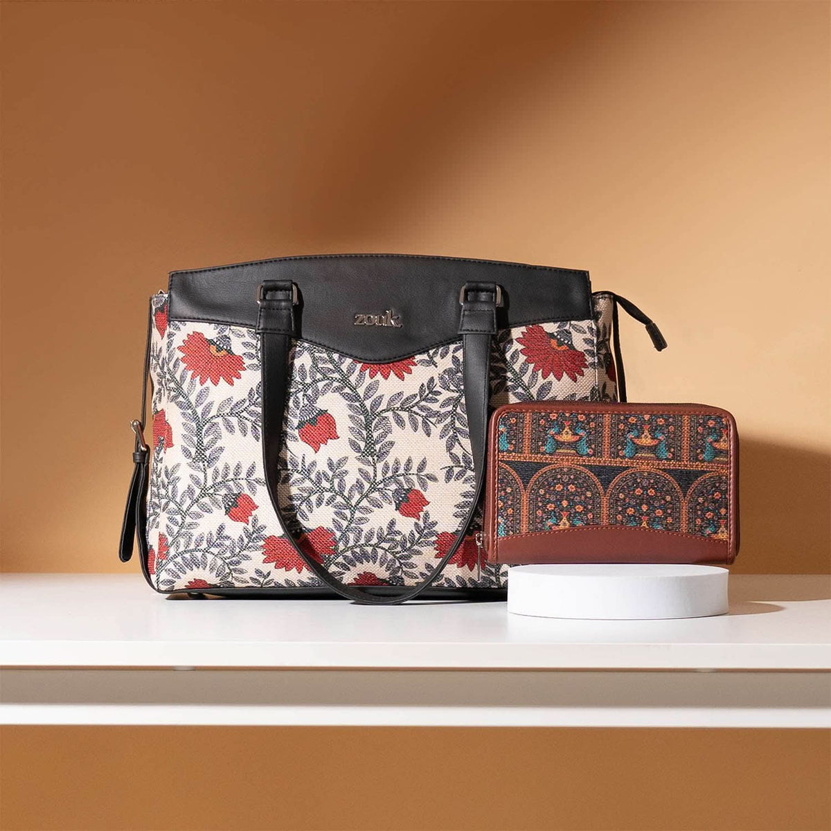Nawabi Couture & Royal Indian Peacock Motif - Women's Work Bag & Chain Wallet Combo