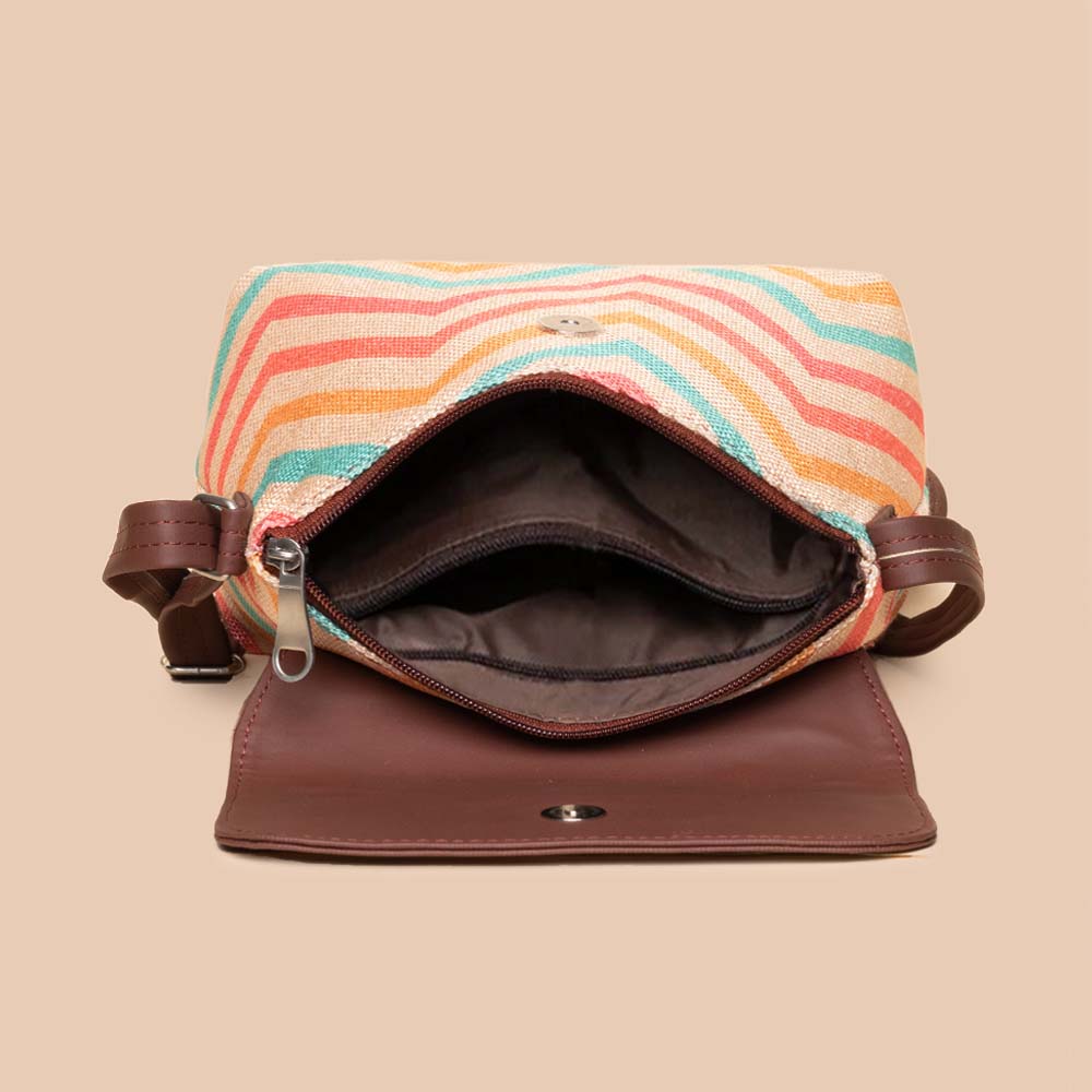 Qutub Stripes & WavBeach - Women's Work Bag Brown & Flap Sling Bag Combo