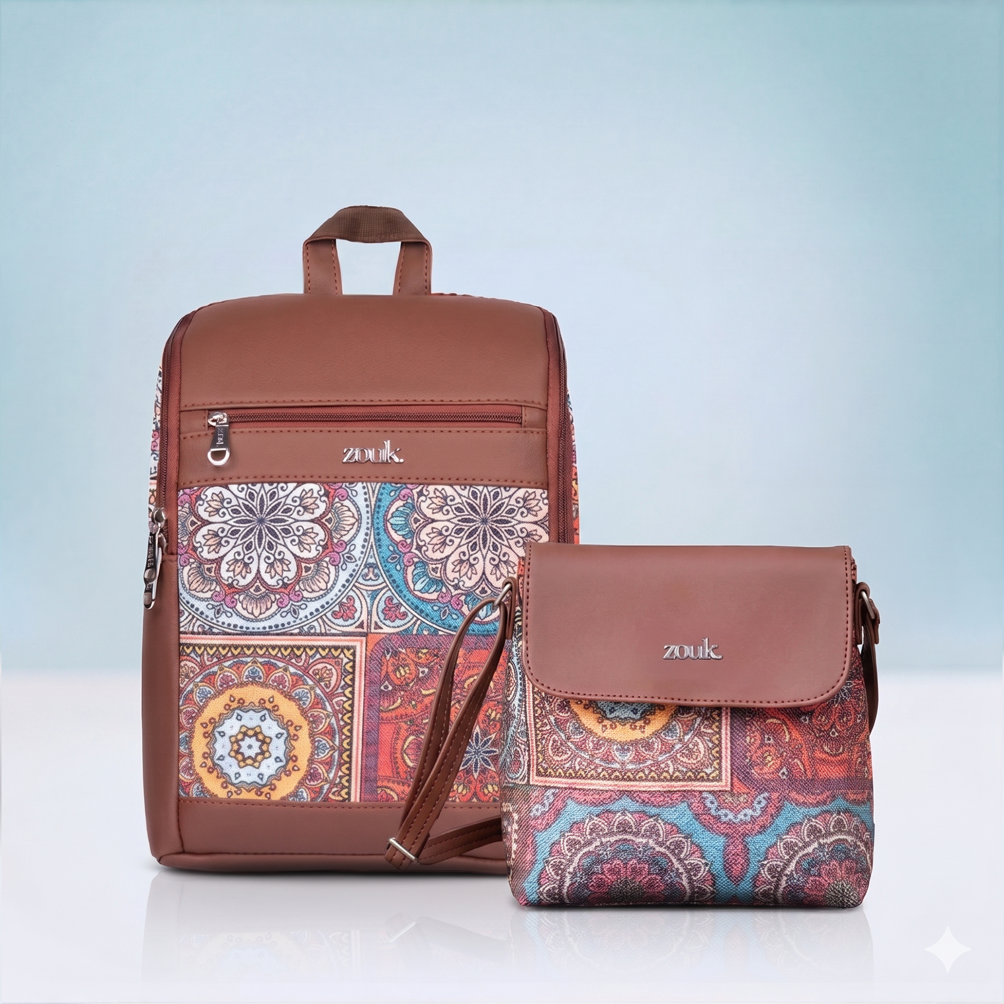 Amalia Backpack Large Multicolor Mandala Print & Multicolor Mandala Print Flap Sling Bag Combo