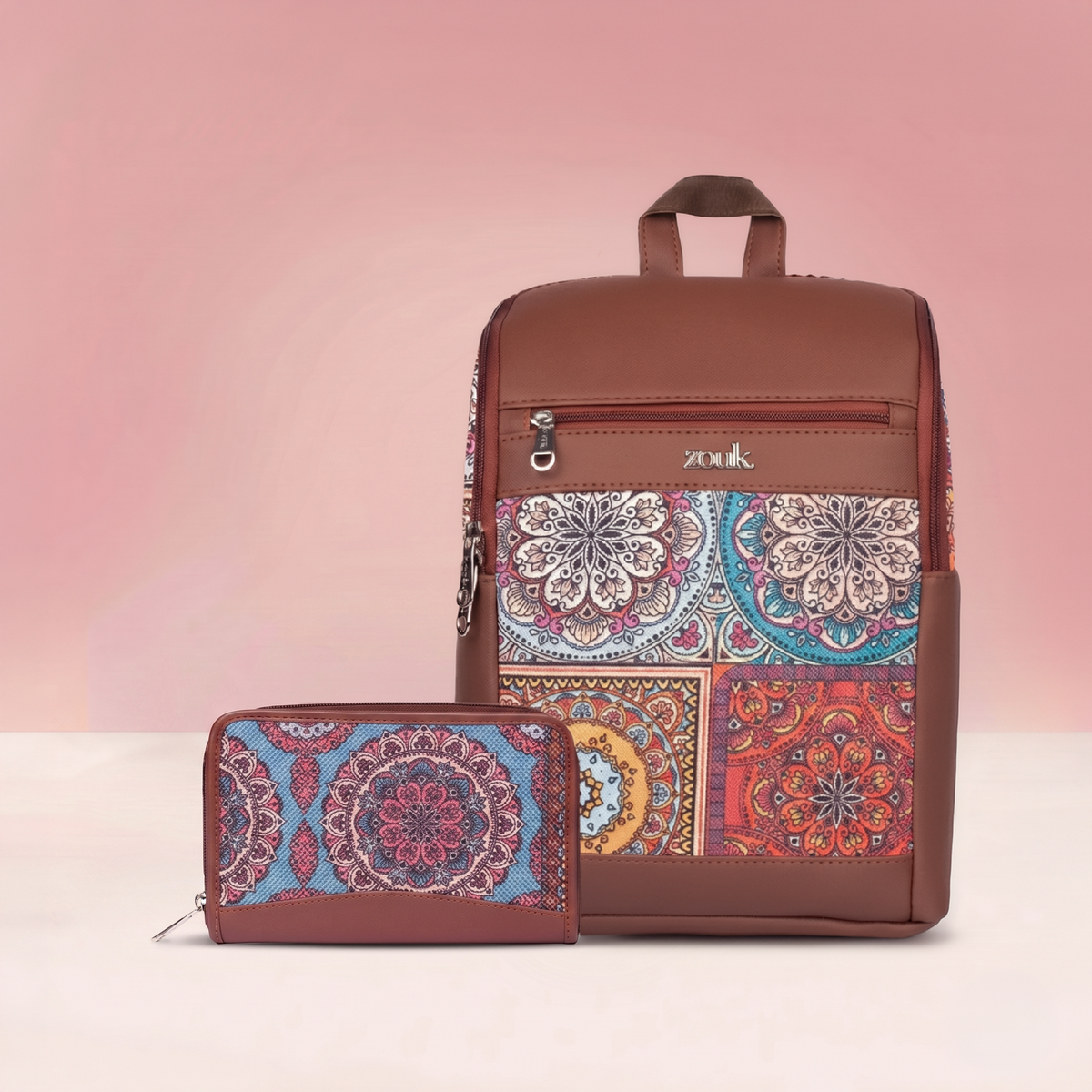 Multicolor Mandala Print Amalia Backpack Large & Chain Wallet Combo