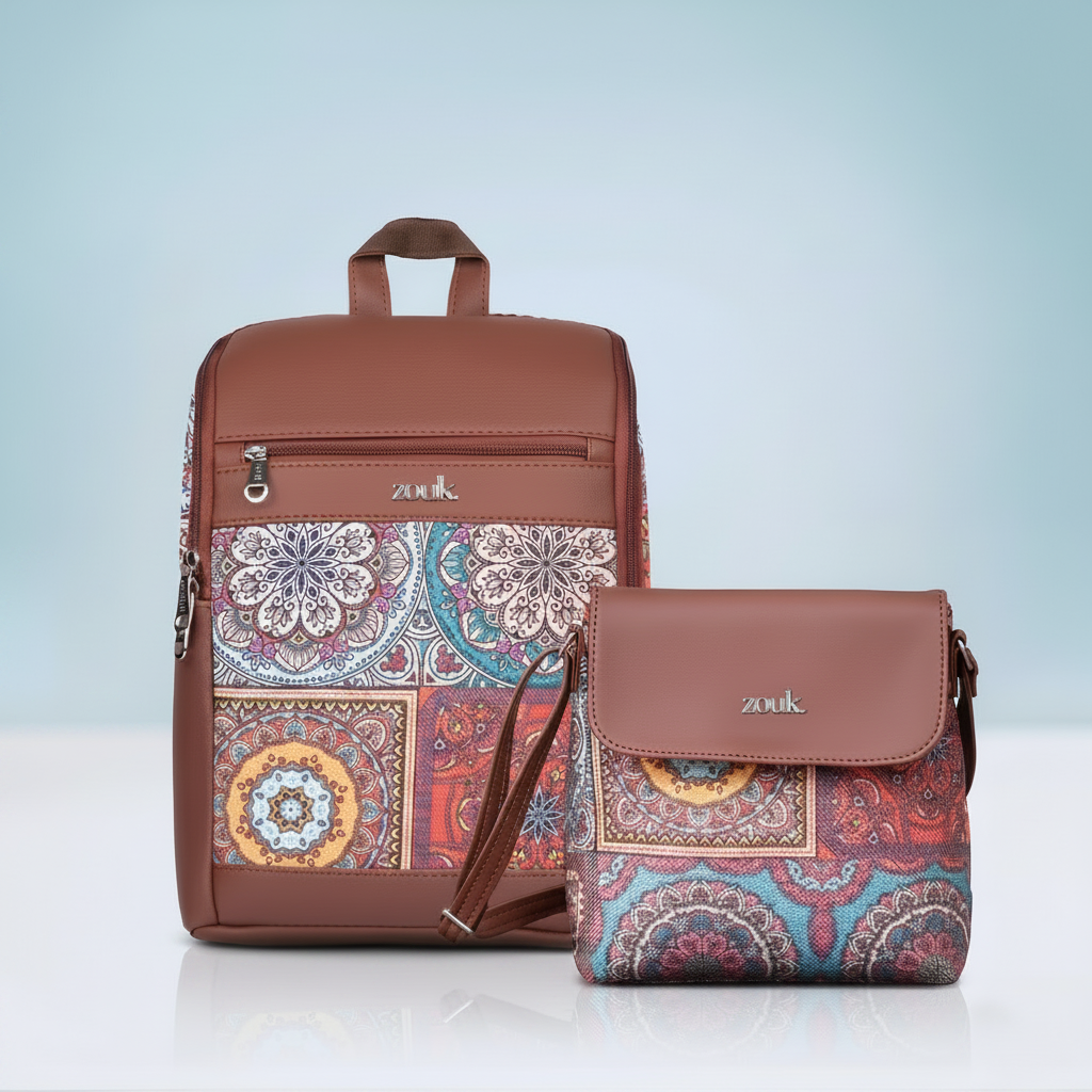 Multicolor Mandala Print Amalia Daypack & Flap Sling Bag Combo