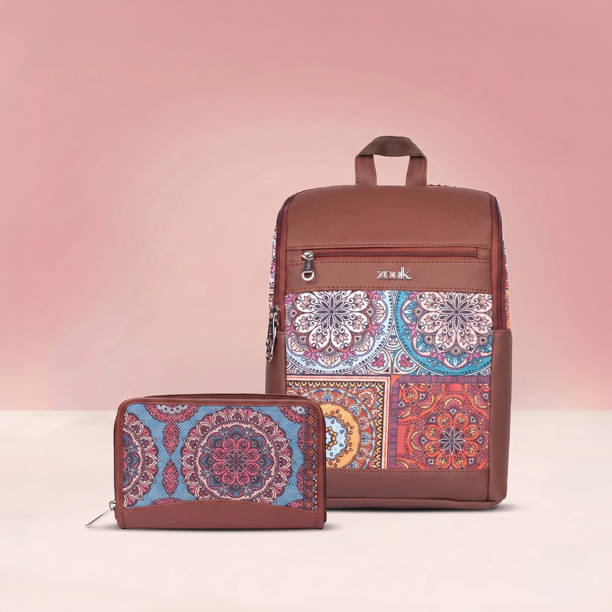 Multicolor Mandala Print Amalia Daypack & Chain Wallet Combo