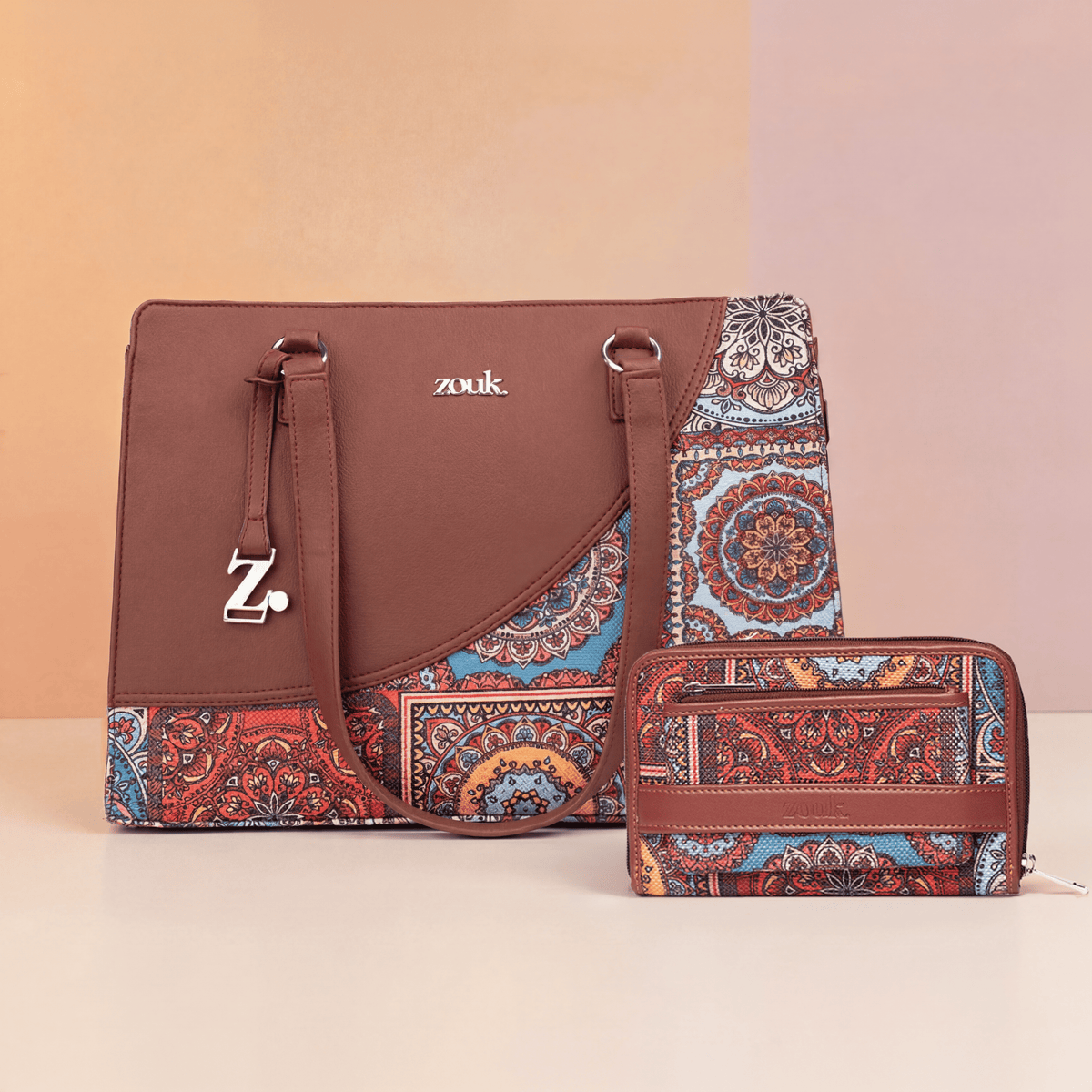 Multicolor Mandala Print Office Essential Bag & Classic Zipper Wallet Combo