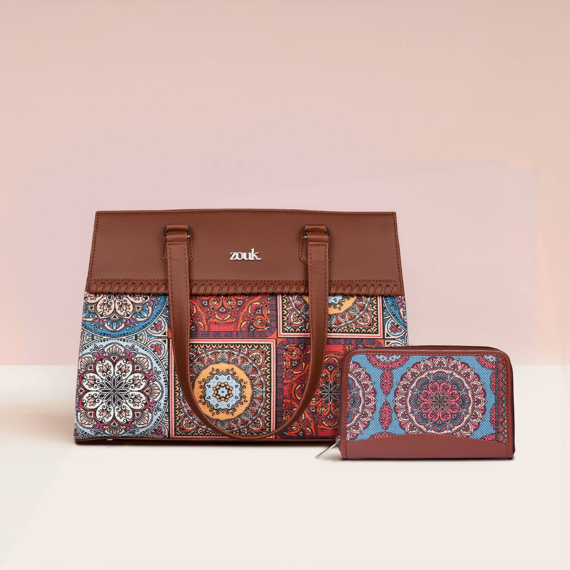 Multicolor Mandala Print Statement Business Bag & Chain Wallet Combo