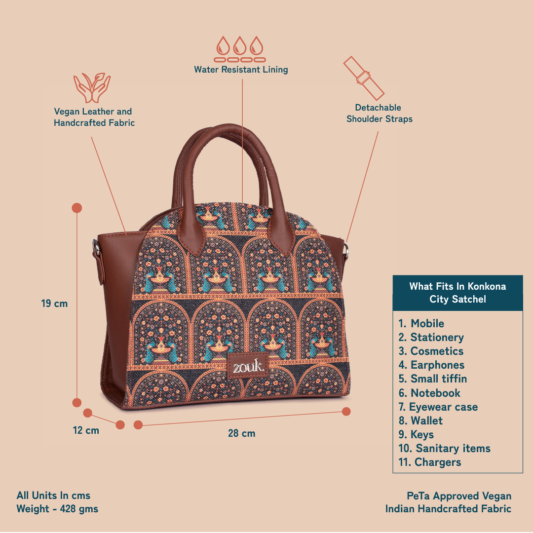 ZIP-Konkona City Satchel Bag - Royal Indian Peacock Motif