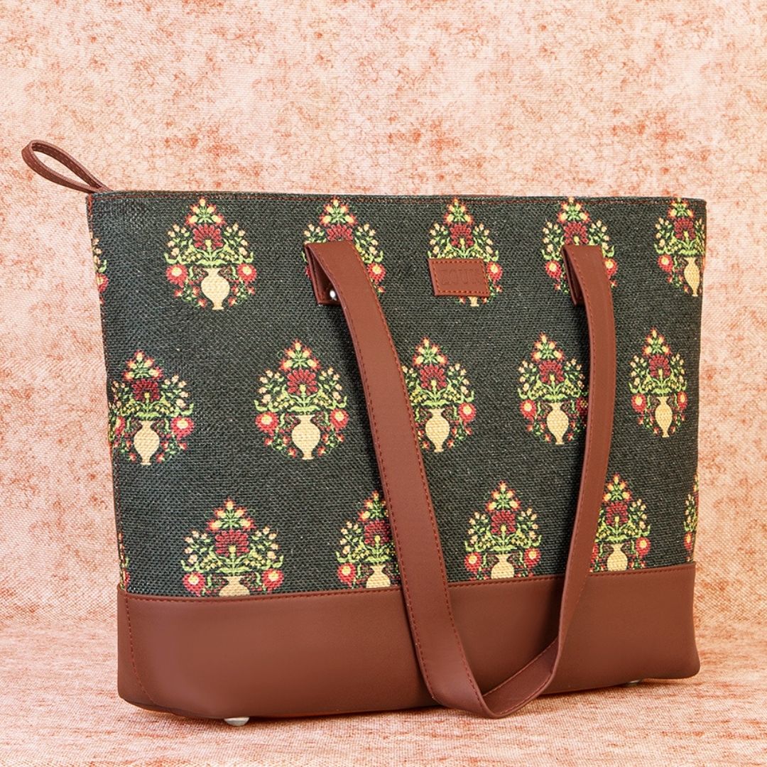 Royal Green Mogra Print Shoulder Tote Bag
