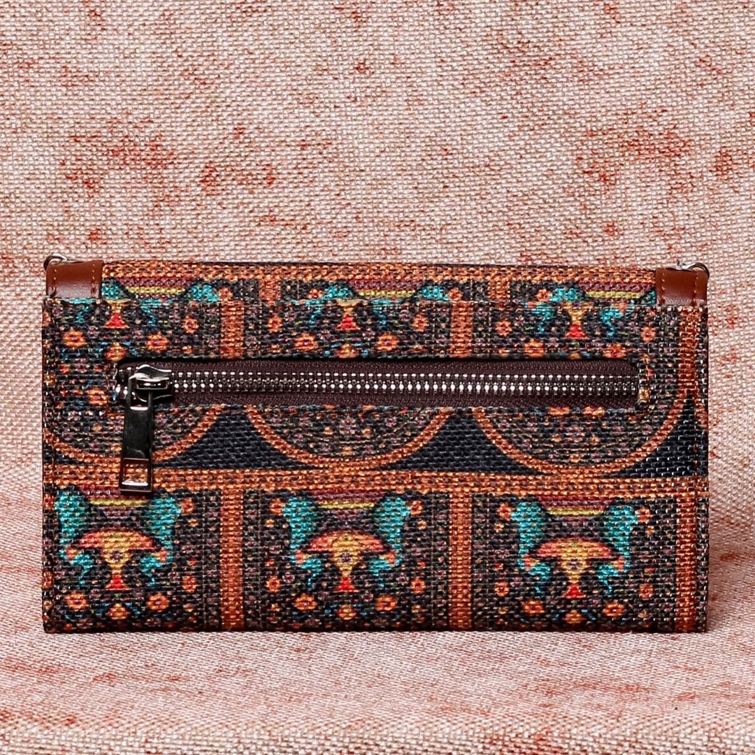 Royal Indian Peacock Motif Two Fold Wallet with Detachable Sling