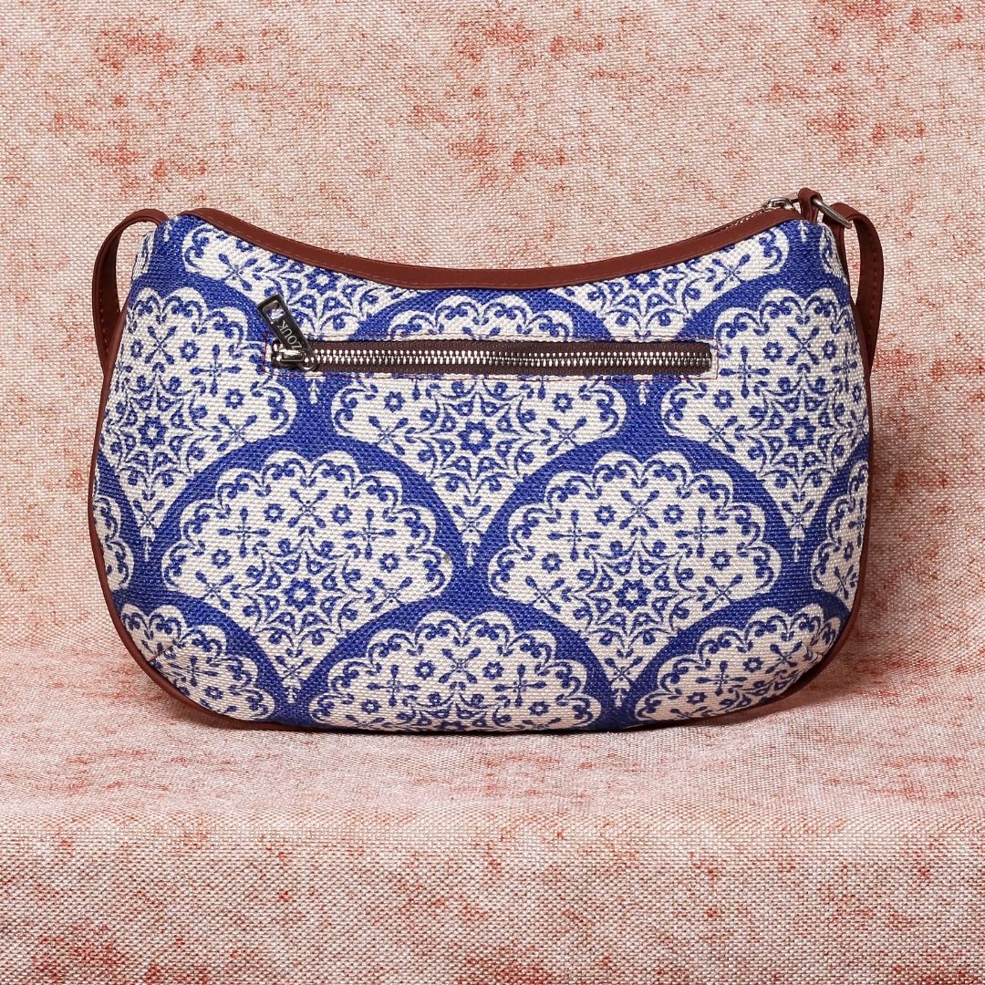 Floral Blue Pottery Structured Shoulder Bag