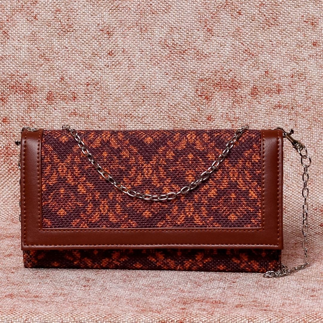 Brown Floral Motif Two Fold Wallet with Detachable Sling