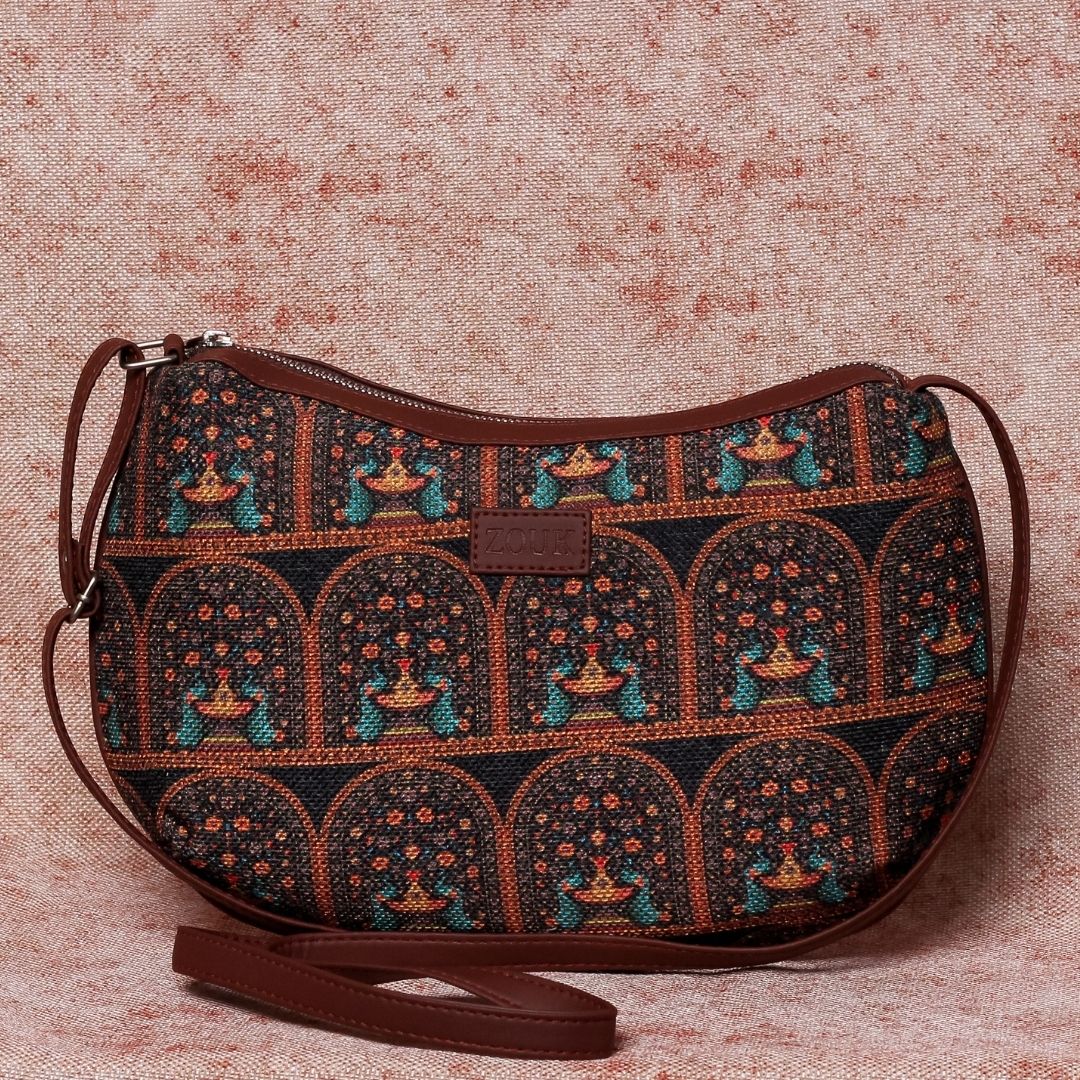 Royal Indian Peacock Print Structured Shoulder Bag