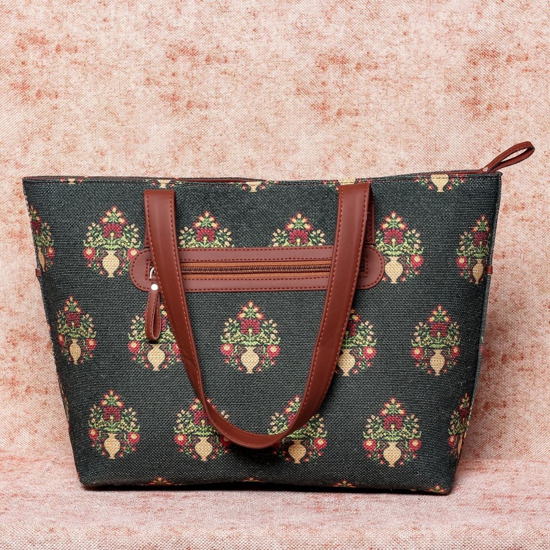 Royal Green Mogra Print- Tote Bag & Chain Wallet Combo