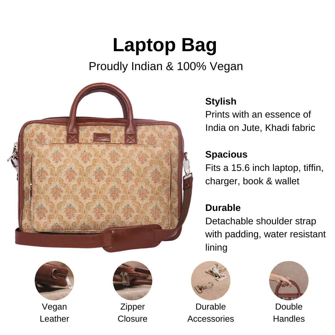 Beige Petal Motif - Laptop Bag & Chain Wallet Combo