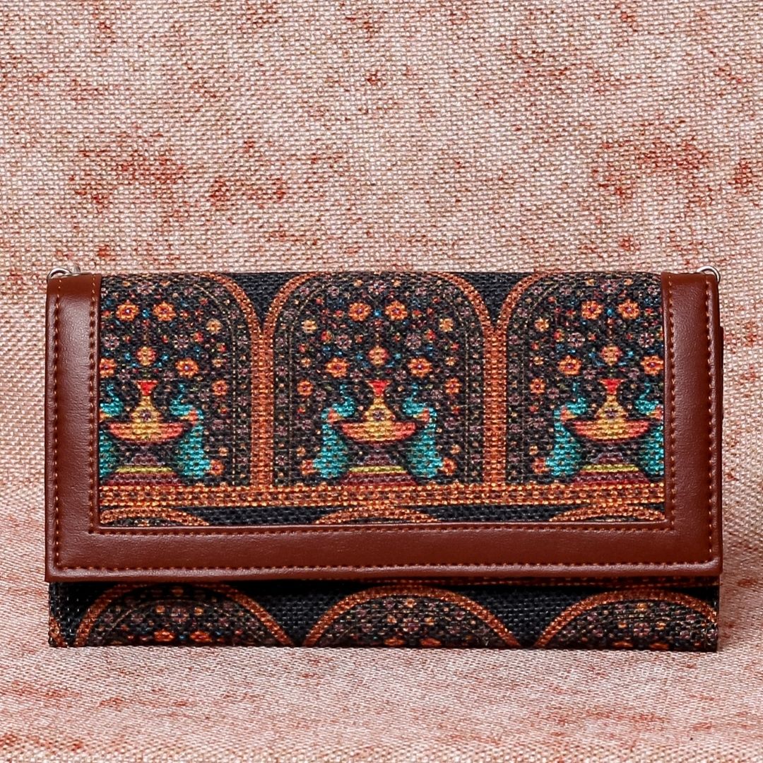 Royal Indian Peacock Motif Two Fold Wallet with Detachable Sling