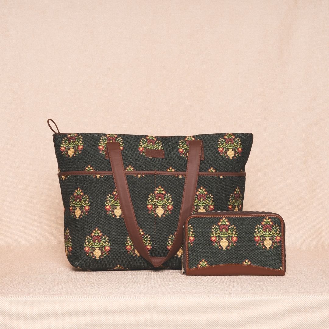 Royal Green Mogra Print- Tote Bag & Chain Wallet Combo