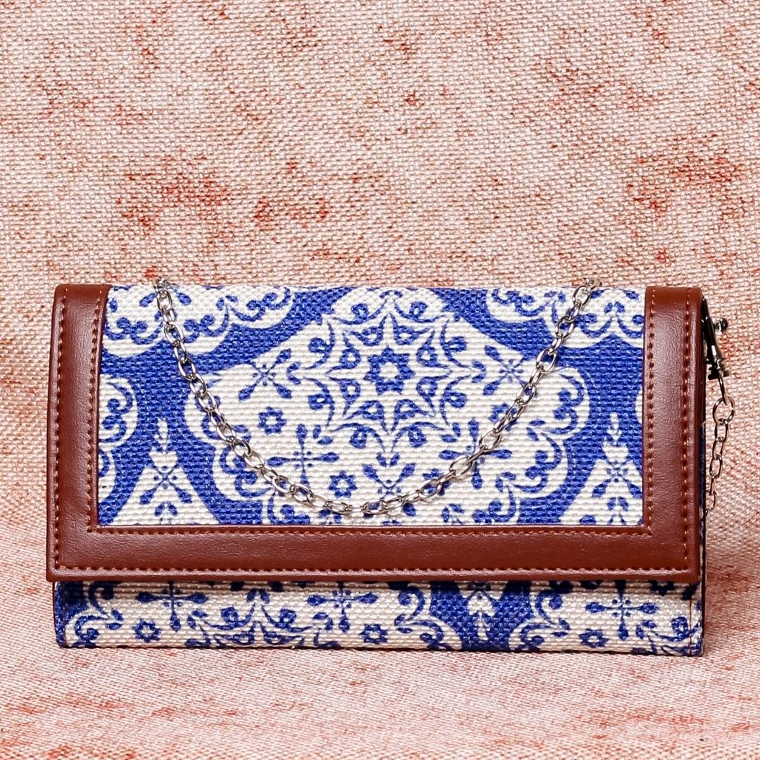 Floral Blue Pottery Two Fold Wallet with Detachable Sling
