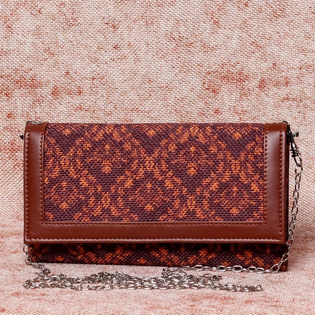 Brown Floral Motif Two Fold Wallet with Detachable Sling