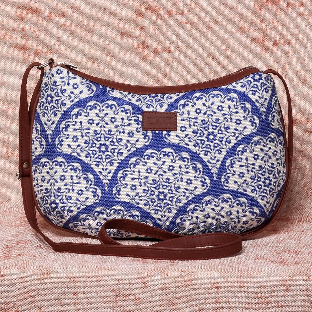 Floral Blue Pottery Structured Shoulder Bag