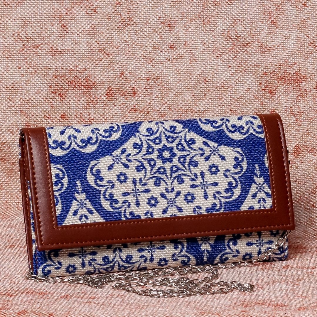 Floral Blue Pottery Two Fold Wallet with Detachable Sling
